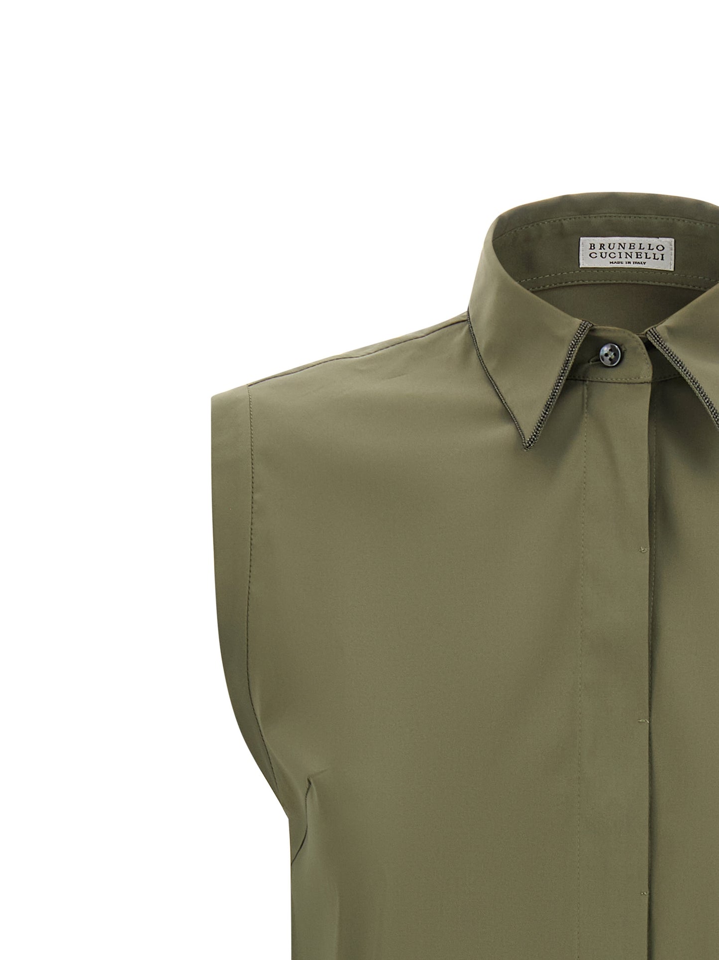 Blouse by Brunello Cucinelli for women in stretch polyamide cotton bicolour & green showcases a sharp silhouette, elegantly detailed with a sharp and sharp .