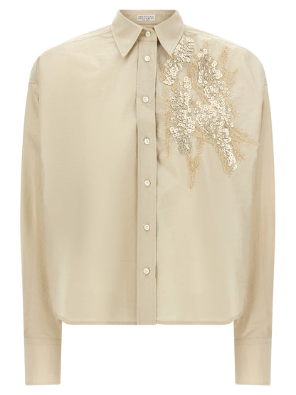 Blouse by Brunello Cucinelli for women in polyamide cotton & sequins beige & pearl showcases a sleek silhouette, elegantly detailed with a sleek and long-sleeve for a sleek finish.