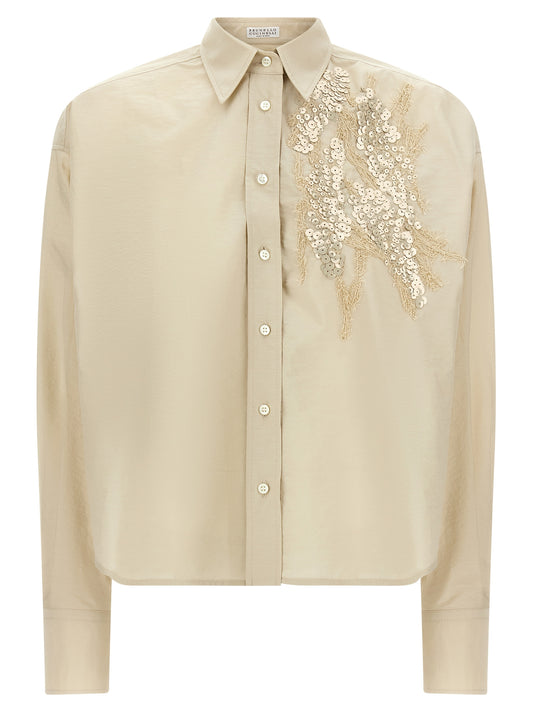 Blouse by Brunello Cucinelli for women in polyamide cotton & sequins beige & pearl showcases a sleek silhouette, elegantly detailed with a sleek and long-sleeve for a sleek finish.