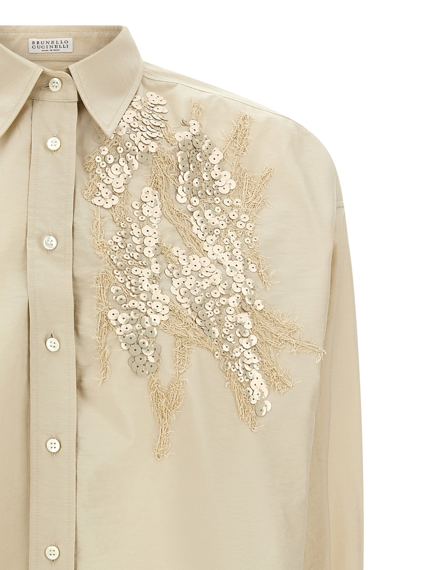 Blouse by Brunello Cucinelli for women in polyamide cotton & sequins beige & pearl showcases a sleek silhouette, elegantly detailed with a sleek and for a sleek finish.