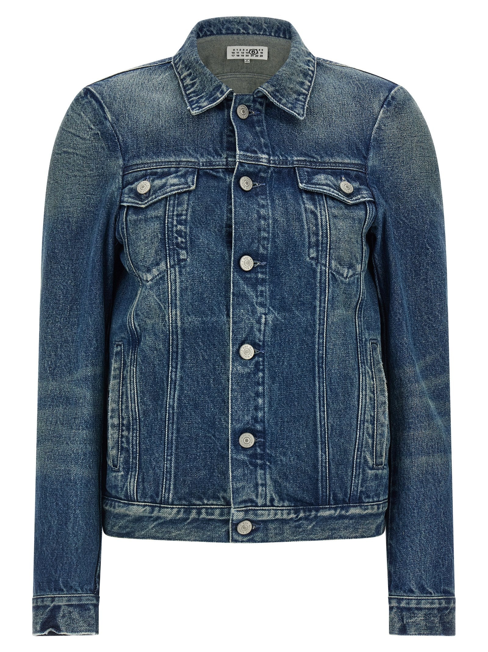 Trucker Jacket by MM6 Maison Margiela for women in denim cotton blue, white & signature features a dramatic silhouette, showcasing a sophisticated shirt-collar neckline and distinctive pockets for a dramatic aesthetic.
