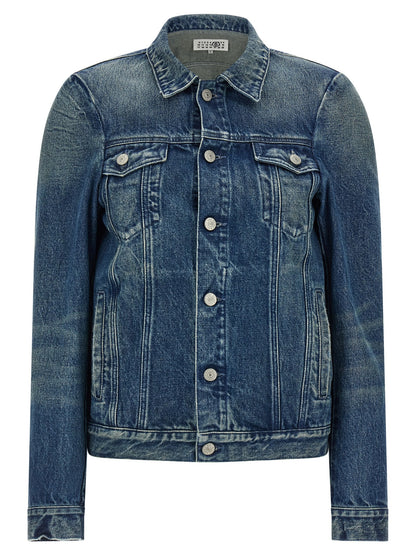 Trucker Jacket by MM6 Maison Margiela for women in denim cotton blue, white & signature features a dramatic silhouette, showcasing a sophisticated shirt-collar neckline and distinctive pockets for a dramatic aesthetic.