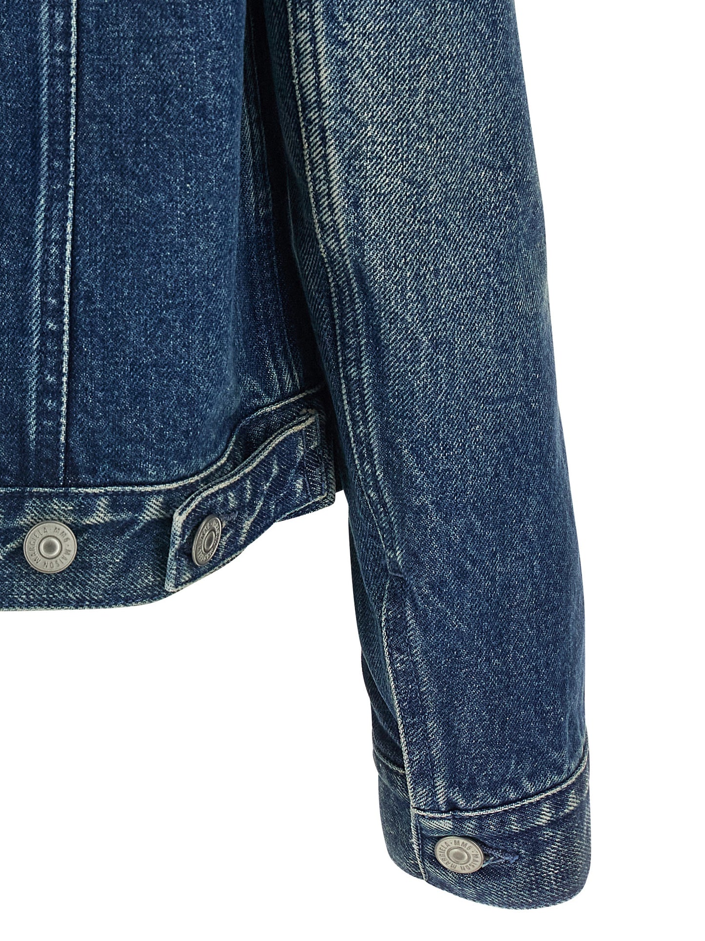 Trucker Jacket by MM6 Maison Margiela for women in denim cotton blue, white & signature features an contemporary silhouette, showcasing a sophisticated shirt-collar neckline and contemporary pockets for a truly refined look.