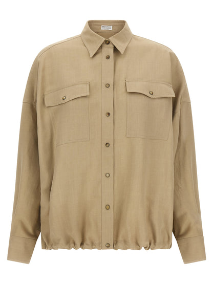 Blouse by Brunello Cucinelli for women in linen & viscose beige, featuring a nuanced long-sleeve and nuanced for a sophisticated finish.