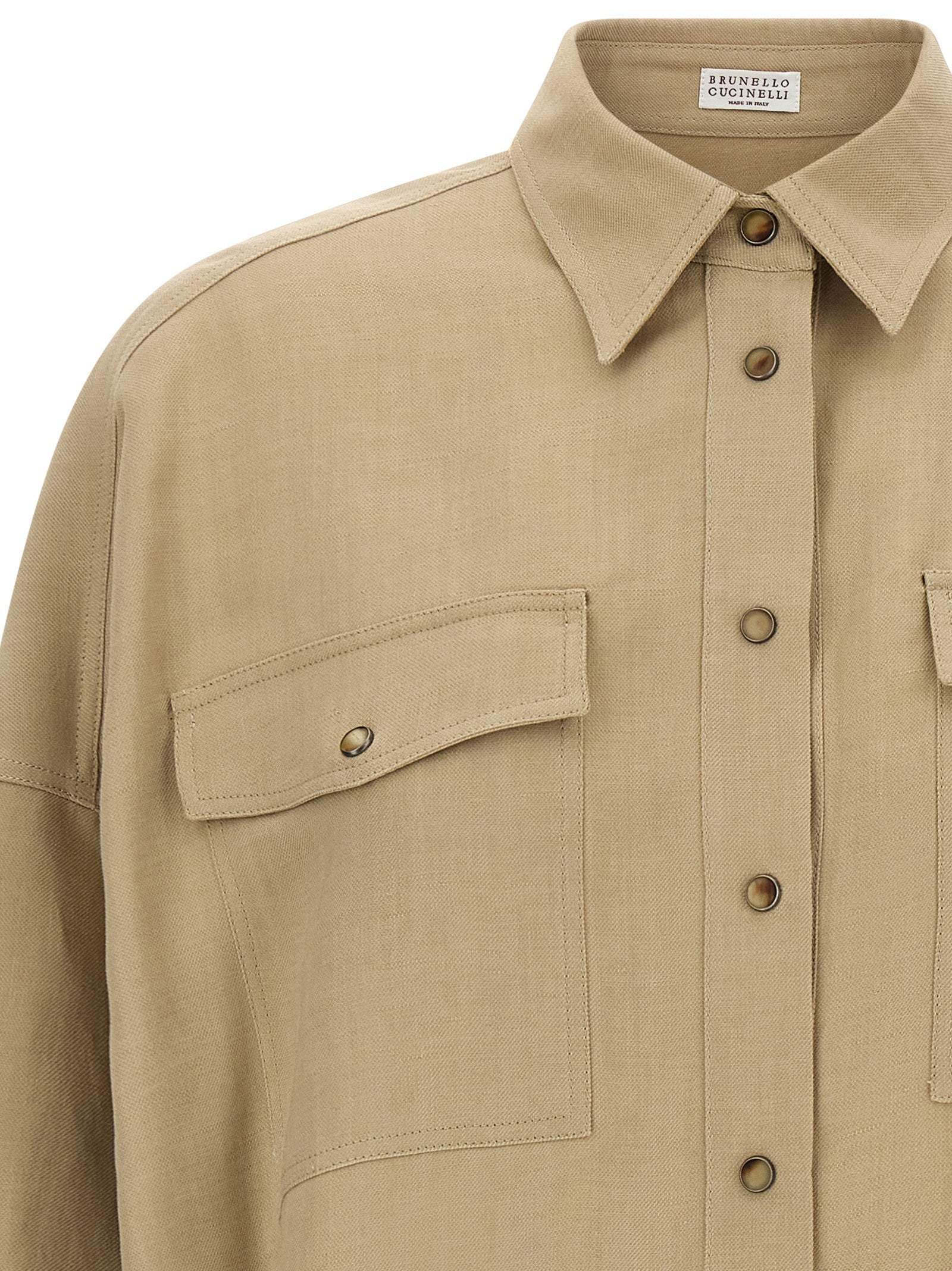 Blouse by Brunello Cucinelli for women in linen & viscose beige showcases a sharp silhouette, elegantly detailed with a sharp and sharp .