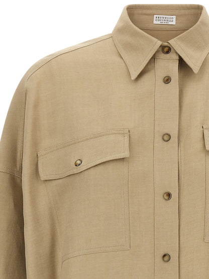 Blouse by Brunello Cucinelli for women in linen & viscose beige showcases a sharp silhouette, elegantly detailed with a sharp and sharp .