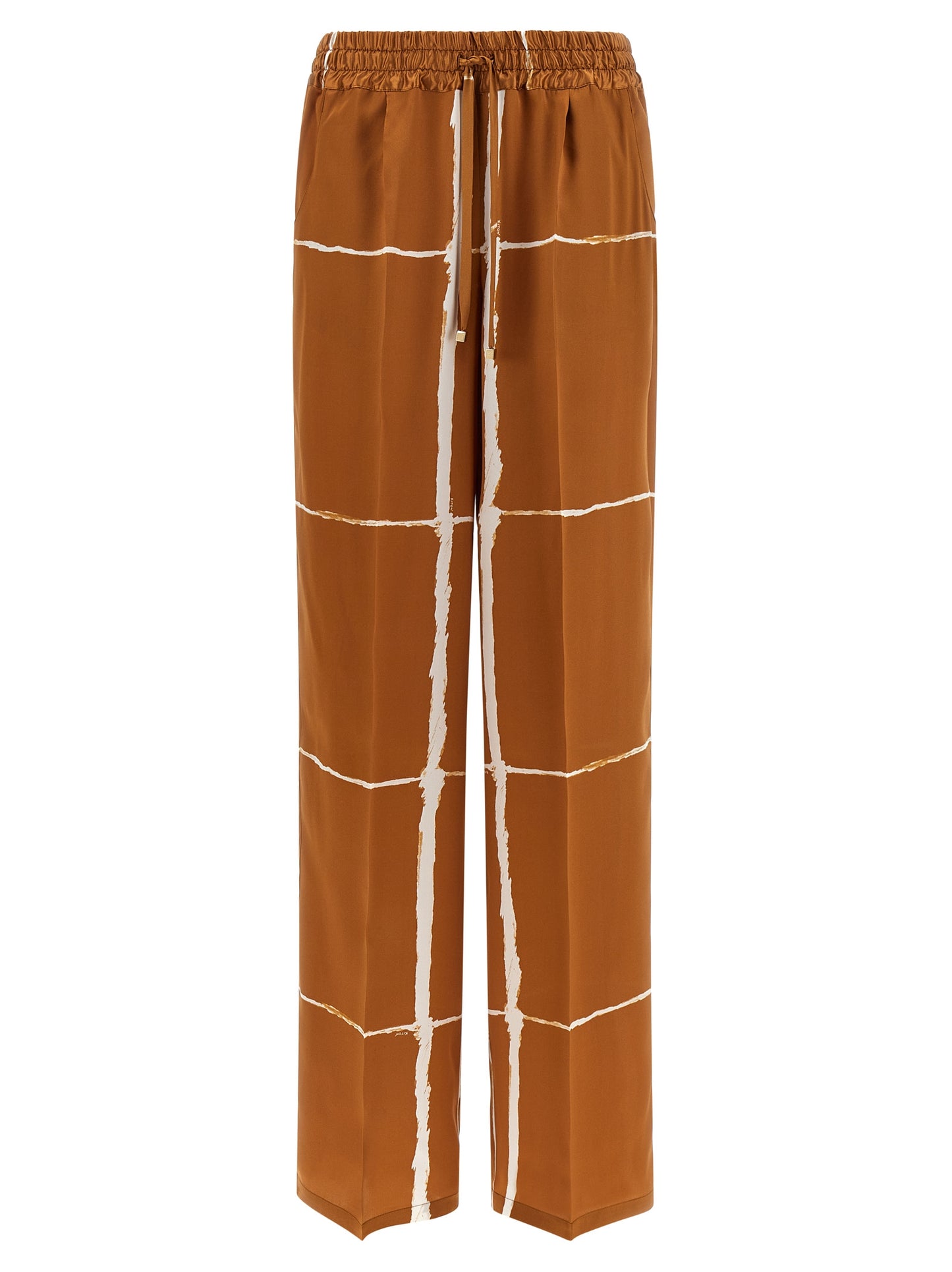 Kiton Women's Straight Leg Wide Silk Satin Trousers - Brown Patterned