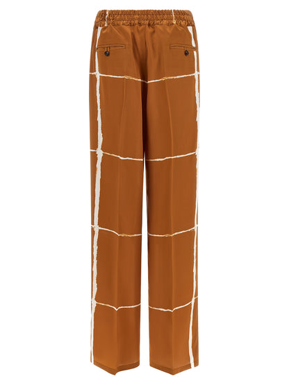 Kiton Women's Straight Leg Wide Silk Satin Trousers - Brown Patterned