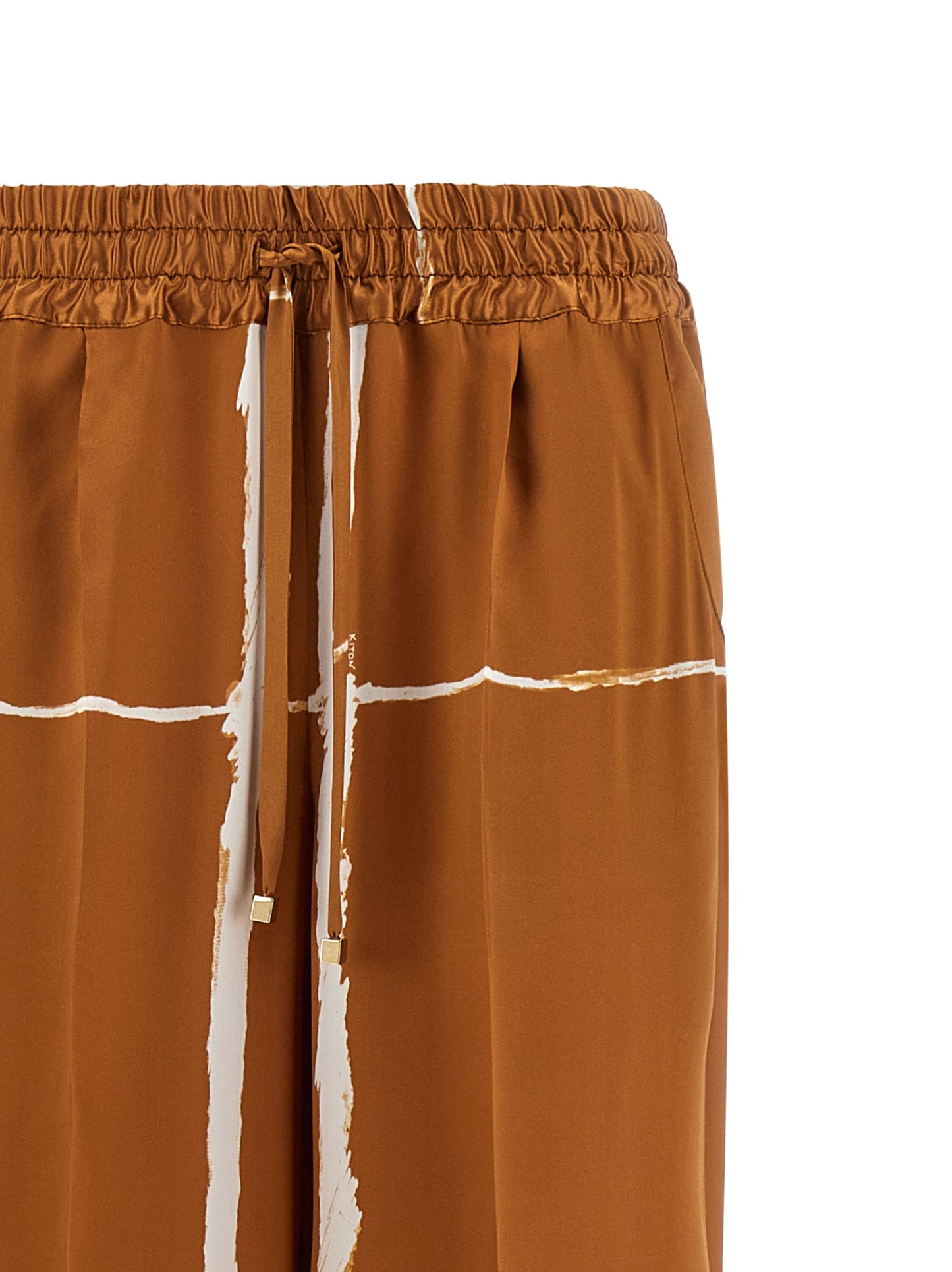Kiton Women's Straight Leg Wide Silk Satin Trousers - Brown Patterned