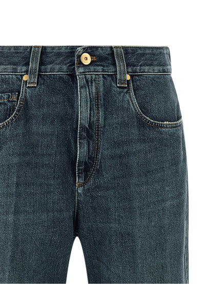 Jeans by Brunello Cucinelli for women in cotton denim blue & signature presents a tailored silhouette, showcasing a tailored flared, regular-fit & wide and long cut with a refined for a truly tailored aesthetic.