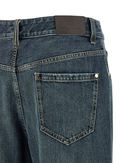 Jeans by Brunello Cucinelli for women in cotton denim blue & signature features a polished silhouette with a polished flared, regular-fit & wide, reaching a polished long and finished with a polished .