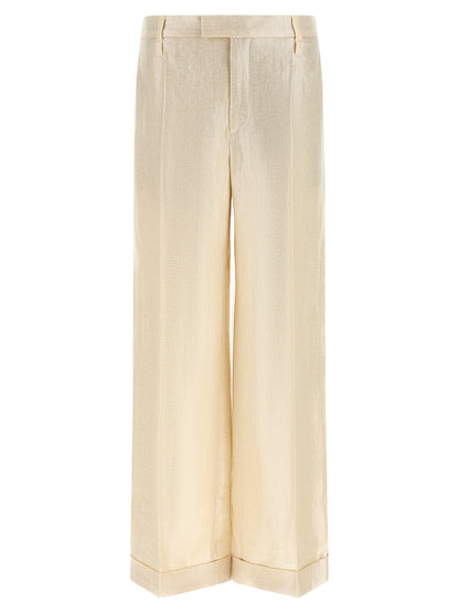 Trousers by Brunello Cucinelli for women in linen gold & signature features a artisanal silhouette, showcasing a sophisticated straight-leg & wide with a long and for a artisanal finish.