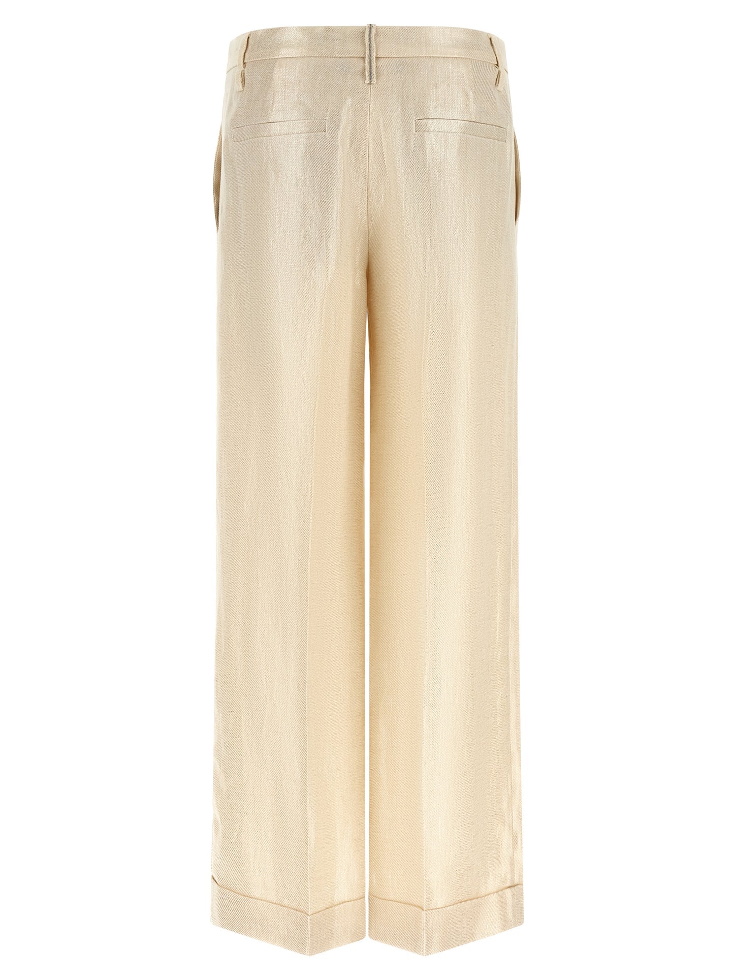 Trousers by Brunello Cucinelli for women in linen gold & signature features an on trend silhouette, showcasing a sophisticated straight-leg & wide with a long and for an on trend finish.