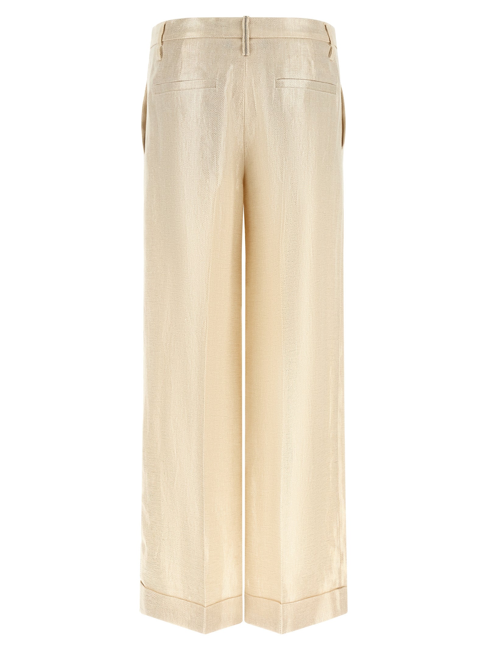 Trousers by Brunello Cucinelli for women in linen gold & signature features an on trend silhouette, showcasing a sophisticated straight-leg & wide with a long and for an on trend finish.
