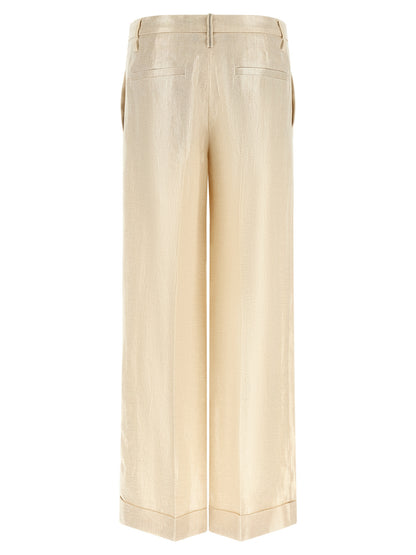Trousers by Brunello Cucinelli for women in linen gold & signature features an on trend silhouette, showcasing a sophisticated straight-leg & wide with a long and for an on trend finish.