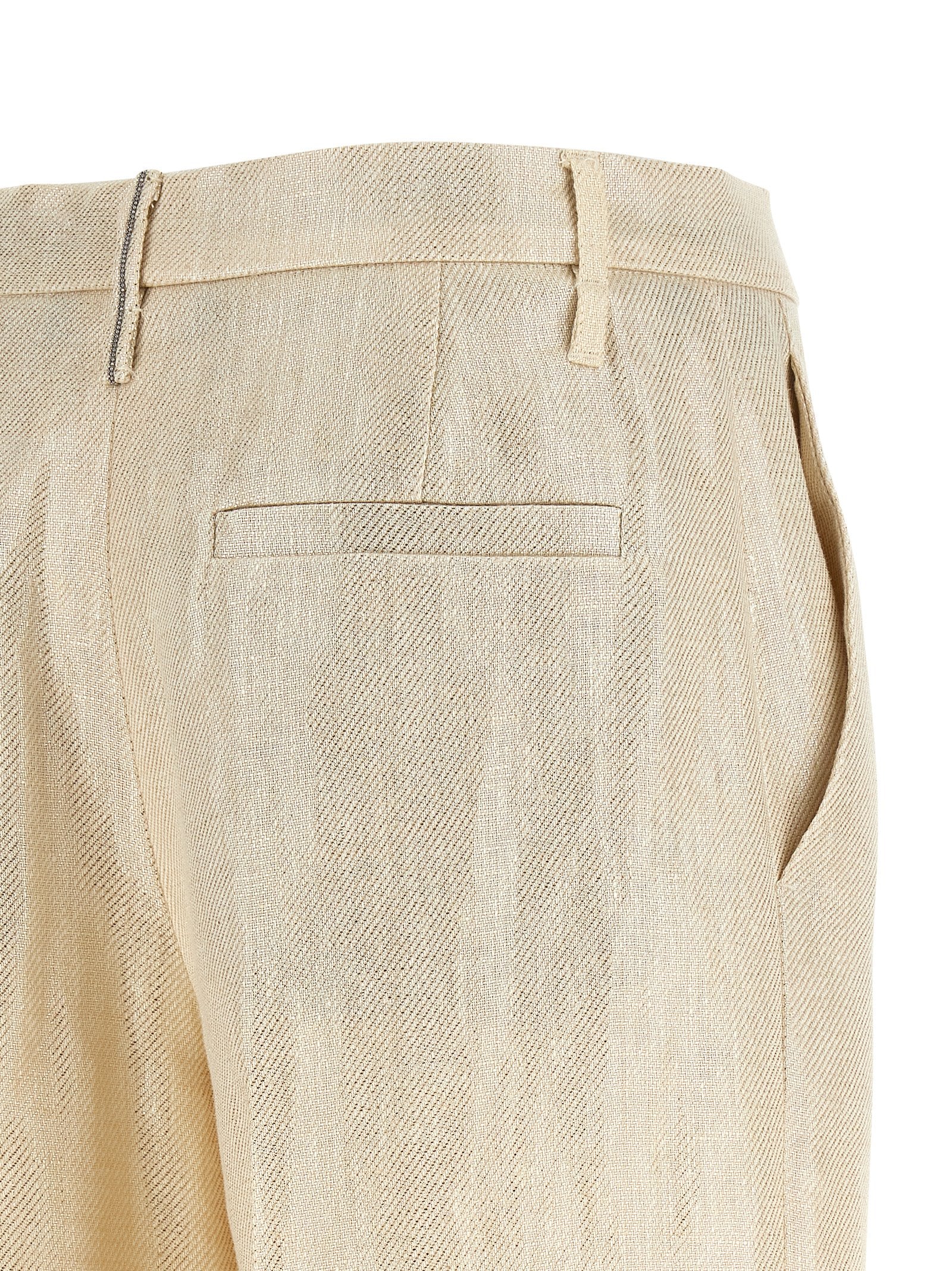 Trousers by Brunello Cucinelli for women in linen gold & signature features a sculptural silhouette, showcasing a sculptural straight-leg & wide and long with a sophisticated for a sculptural finish.