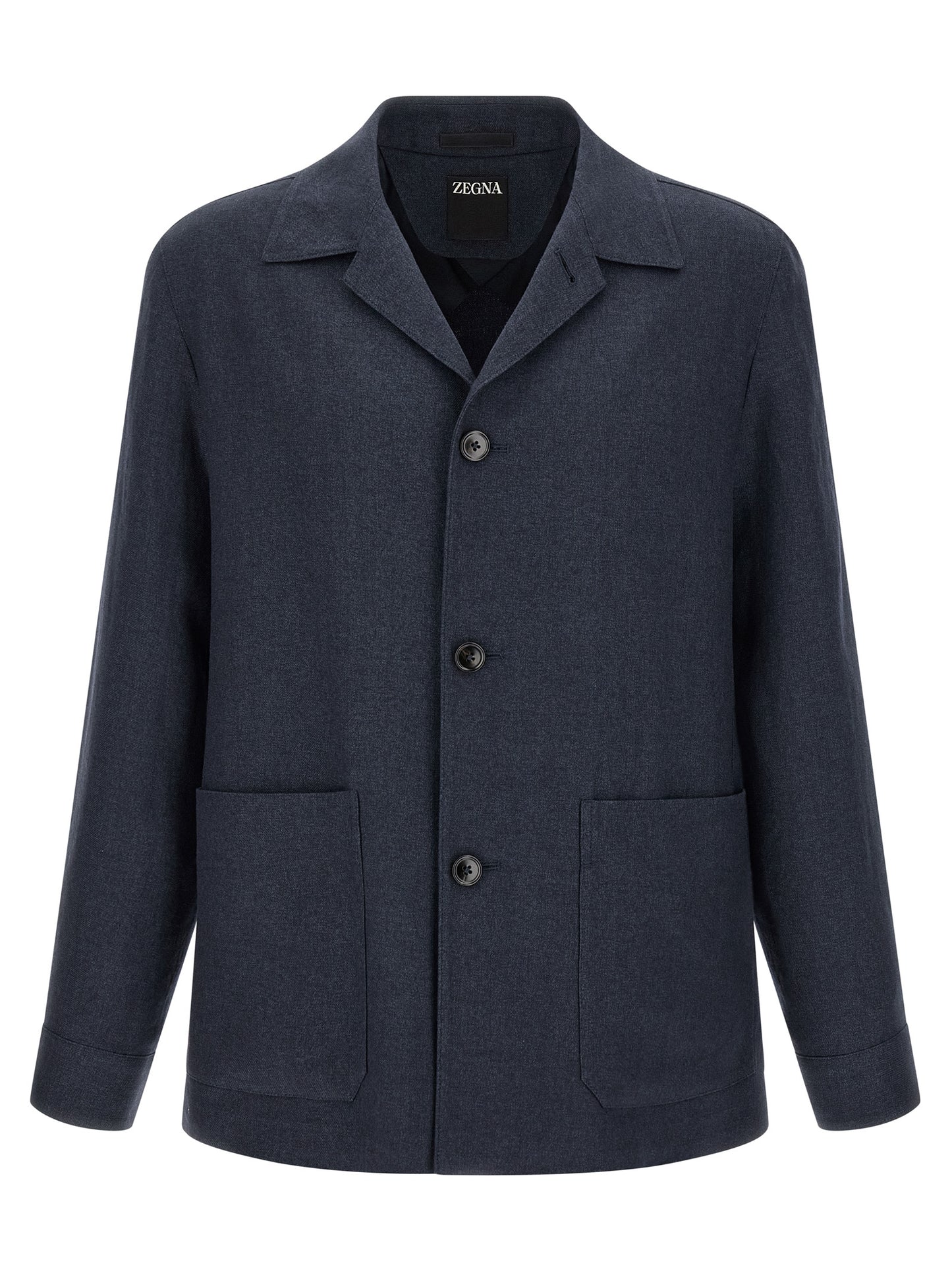 Overcoat by ZEGNA for men in linen wool & leather blue & signature features an voluminous silhouette, showcasing distinct pockets and a voluminous shirt-collar neckline for a truly voluminous aesthetic.