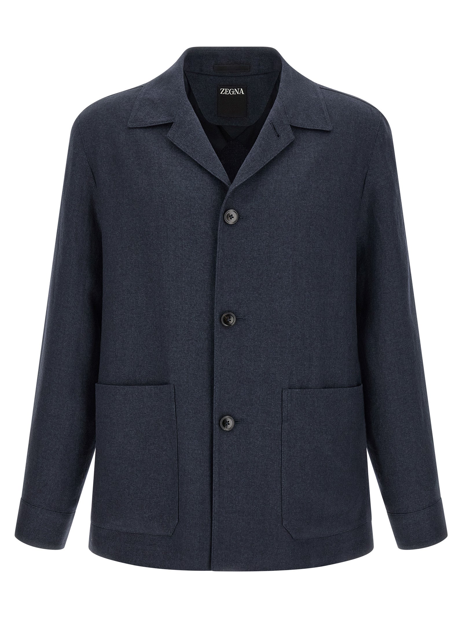 Overcoat by ZEGNA for men in linen wool & leather blue & signature features an voluminous silhouette, showcasing distinct pockets and a voluminous shirt-collar neckline for a truly voluminous aesthetic.