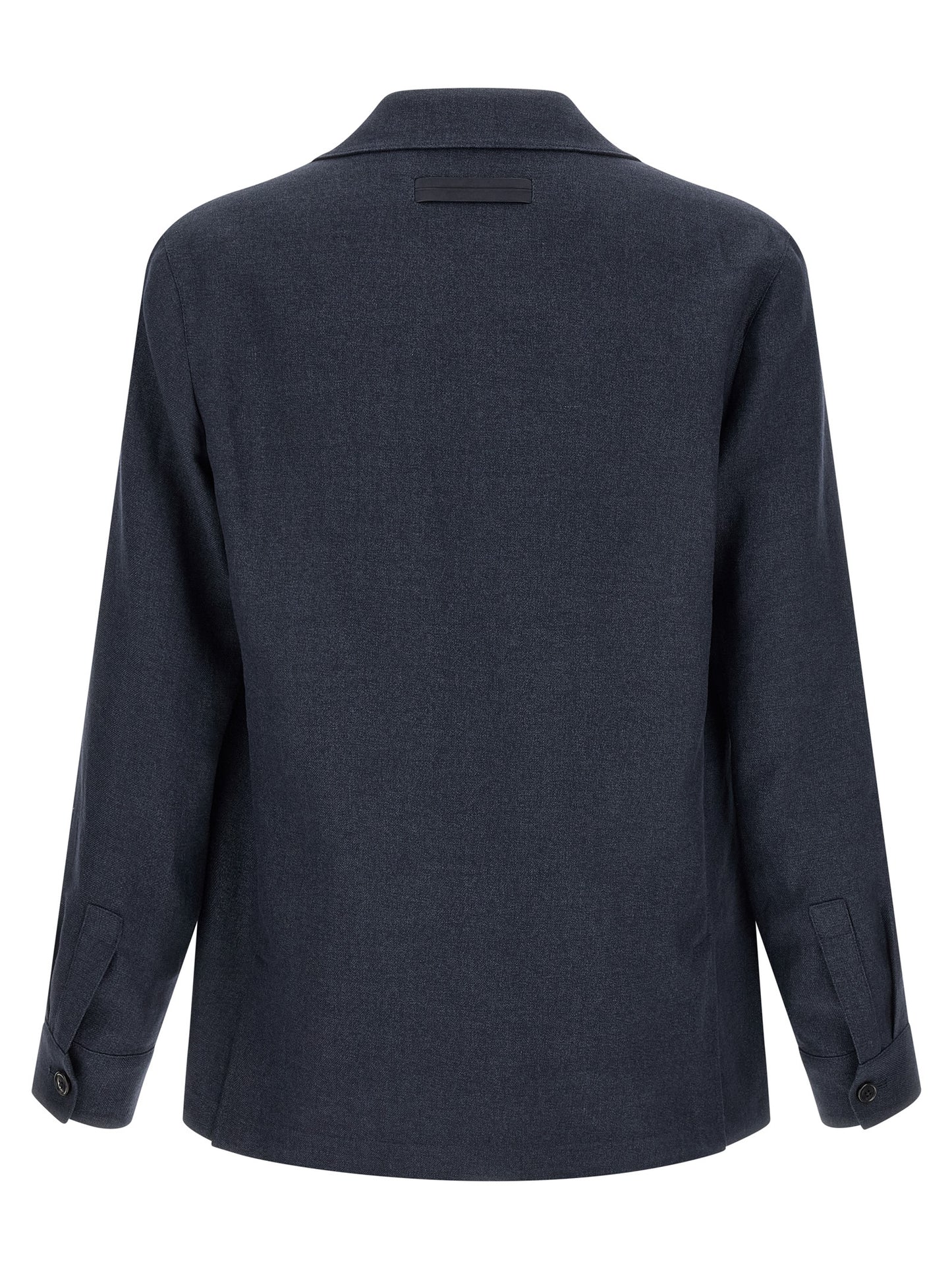 Overcoat by ZEGNA for men in linen wool & leather blue & signature features an satoral silhouette, showcasing a sophisticated shirt-collar neckline and satoral pockets for a premium, timeless look.