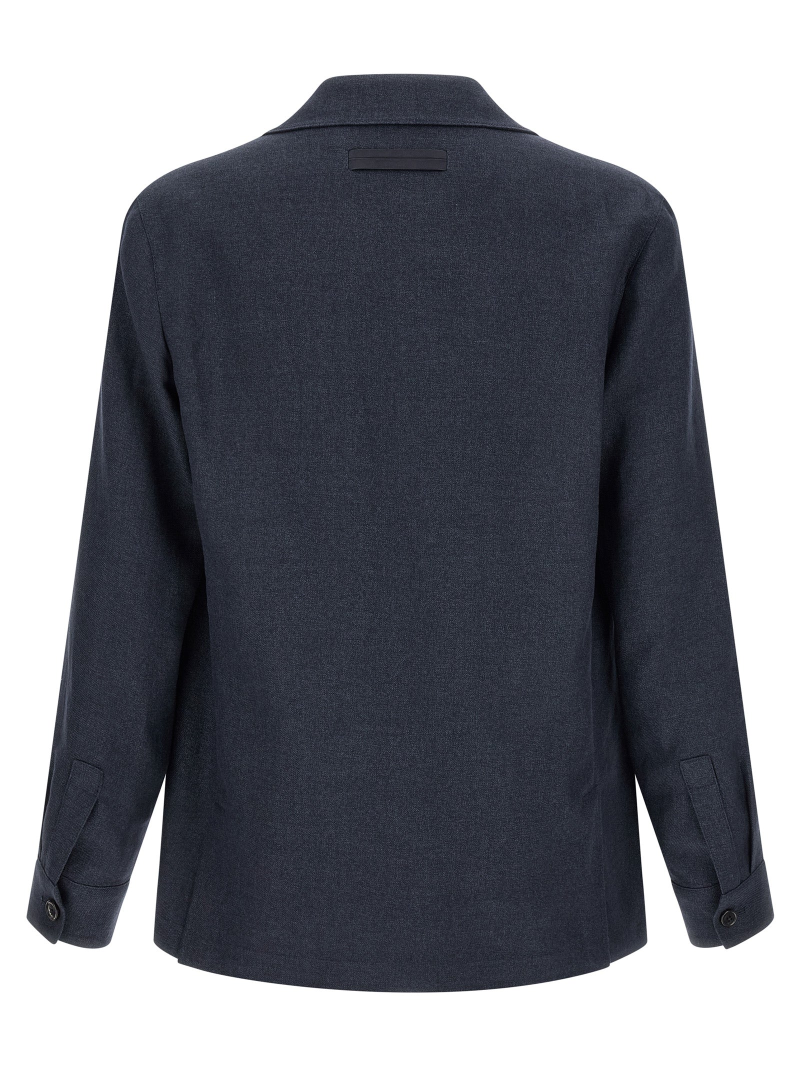 Overcoat by ZEGNA for men in linen wool & leather blue & signature features an satoral silhouette, showcasing a sophisticated shirt-collar neckline and satoral pockets for a premium, timeless look.