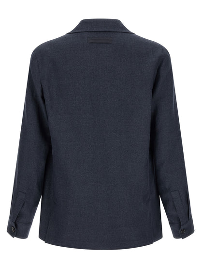 Overcoat by ZEGNA for men in linen wool & leather blue & signature features an satoral silhouette, showcasing a sophisticated shirt-collar neckline and satoral pockets for a premium, timeless look.