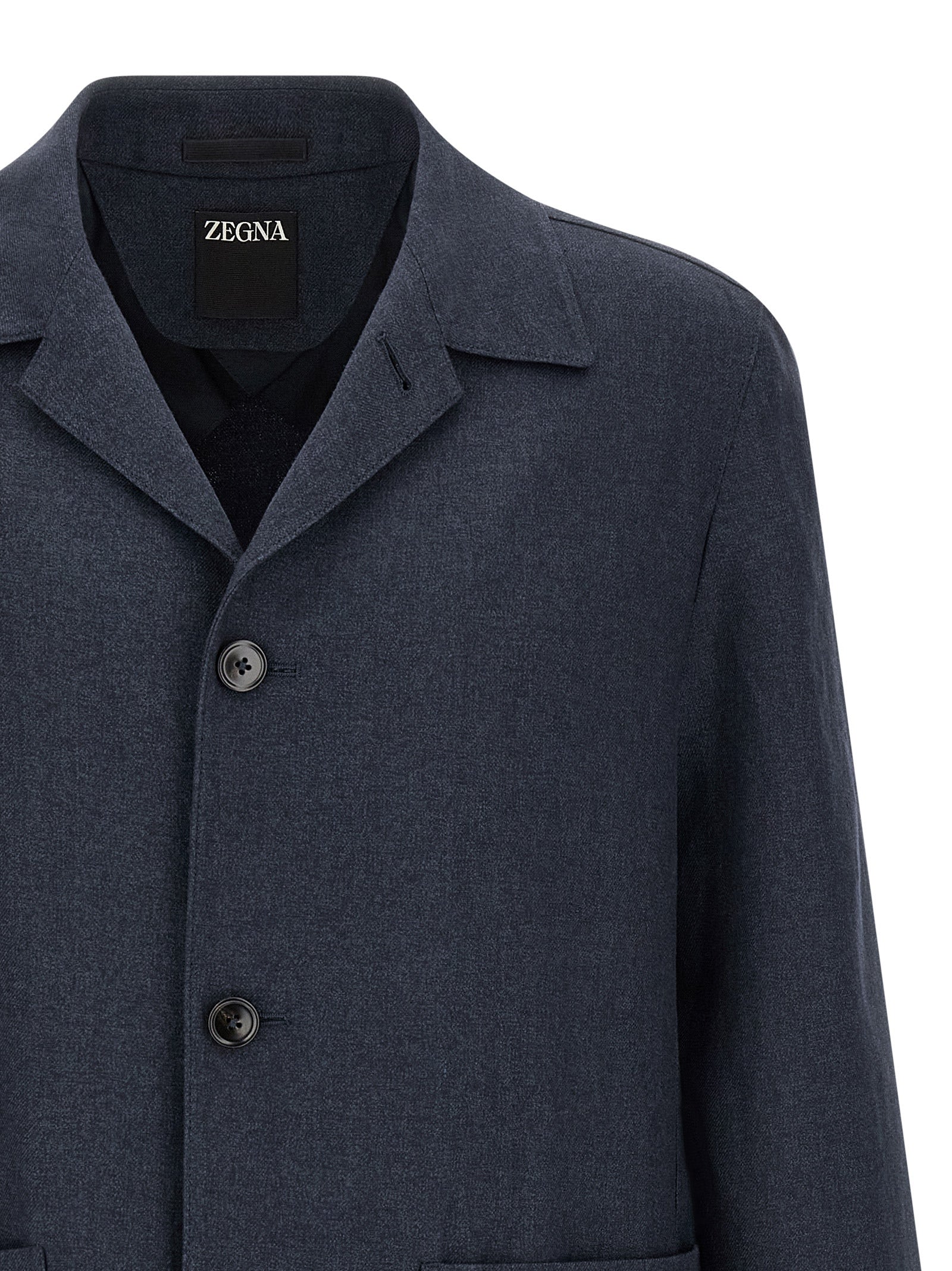 Overcoat by ZEGNA for men in linen wool & leather blue & signature presents a luxurious silhouette, showcasing a luxurious shirt-collar neckline and sophisticated pockets for a premium, luxurious look.
