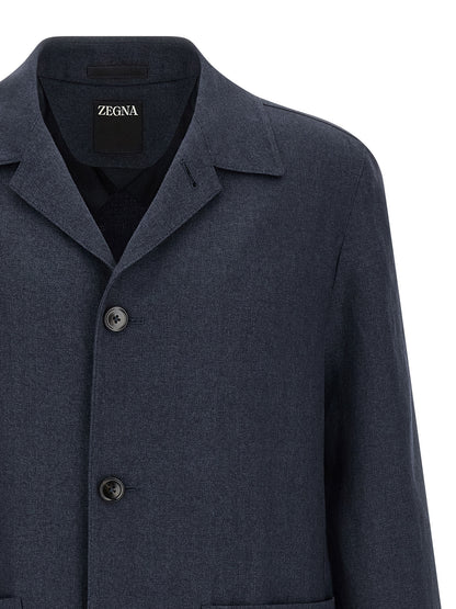 Overcoat by ZEGNA for men in linen wool & leather blue & signature presents a luxurious silhouette, showcasing a luxurious shirt-collar neckline and sophisticated pockets for a premium, luxurious look.