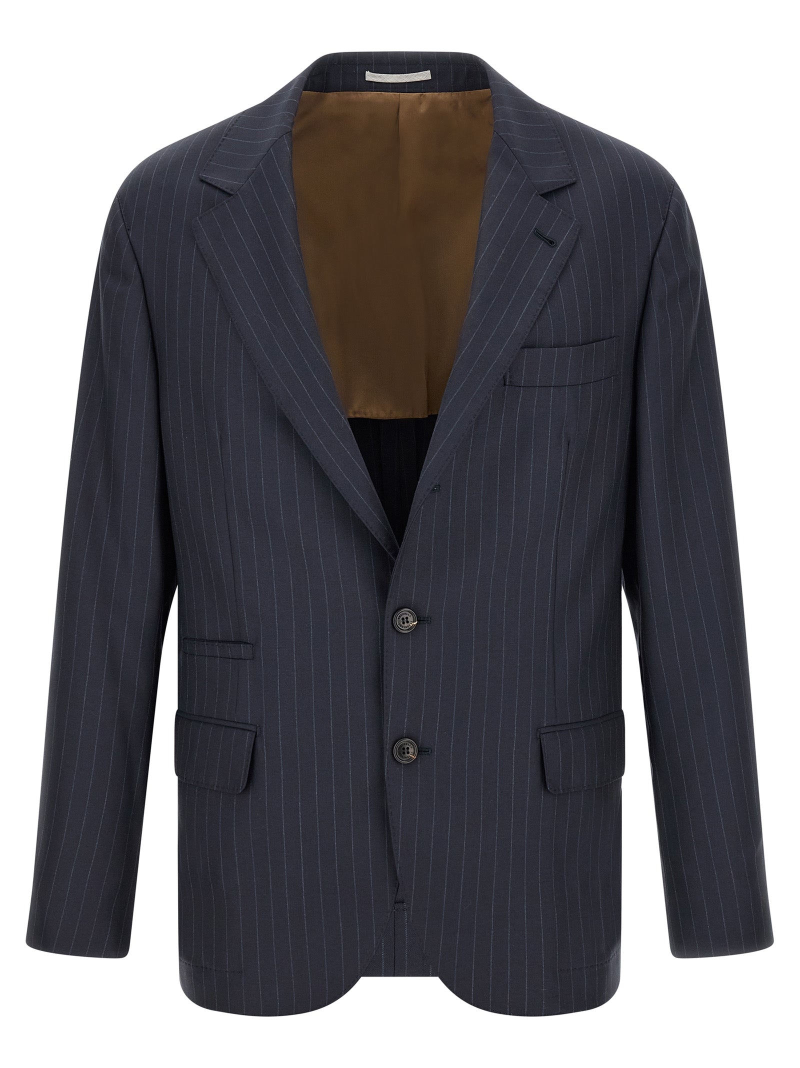 Blazer by Brunello Cucinelli for men in virgin wool blue & horn showcases a polished silhouette, highlighted by a refined and polished for a sophisticated finish.