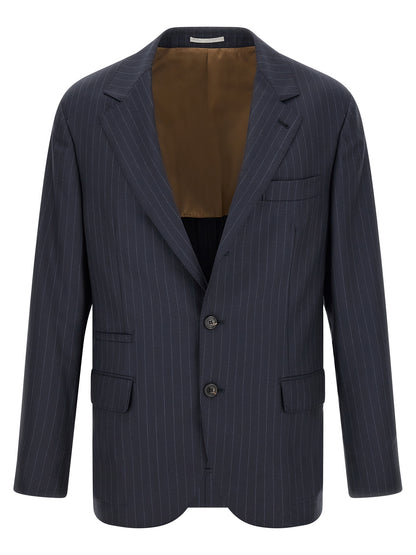 Blazer by Brunello Cucinelli for men in virgin wool blue & horn showcases a polished silhouette, highlighted by a refined and polished for a sophisticated finish.