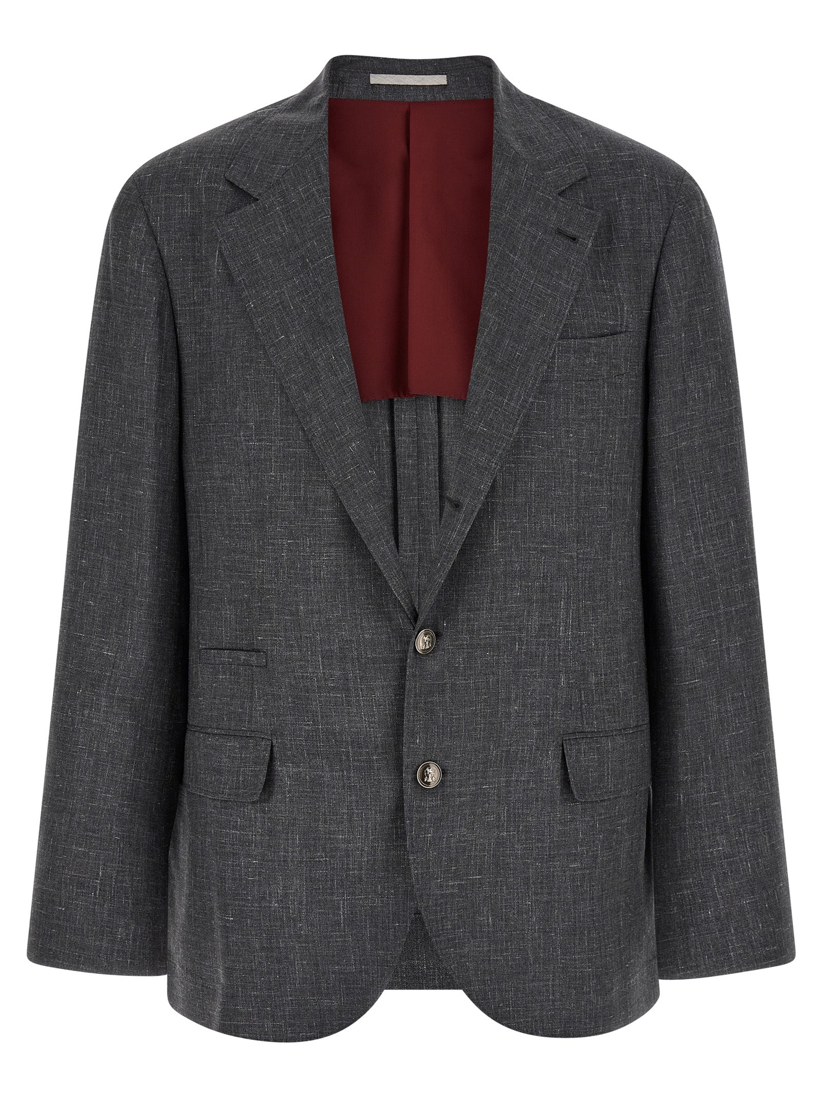 Blazer by Brunello Cucinelli for men in linen silk wool & cupro gray & signature showcases a polished silhouette, highlighted by a refined and polished for a sophisticated finish.