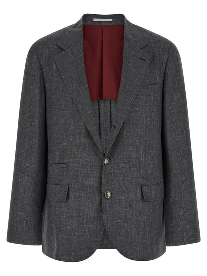 Blazer by Brunello Cucinelli for men in linen silk wool & cupro gray & signature showcases a polished silhouette, highlighted by a refined and polished for a sophisticated finish.