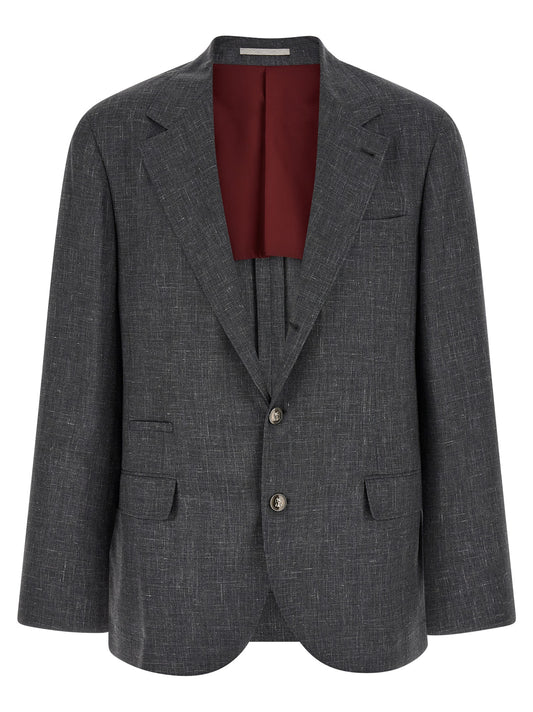 Blazer by Brunello Cucinelli for men in linen silk wool & cupro gray & signature showcases a polished silhouette, highlighted by a refined and polished for a sophisticated finish.