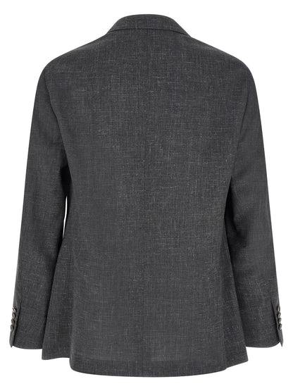 Blazer by Brunello Cucinelli for men in linen silk wool & cupro gray & signature showcases a discerning silhouette, elegantly detailed with a sophisticated and premium for a truly discerning finish.