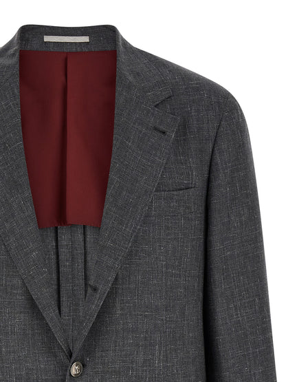 Blazer by Brunello Cucinelli for men in linen silk wool & cupro gray & signature presents a distinguished silhouette, detailed with a distinguished and distinctive for a truly sophisticated finish.
