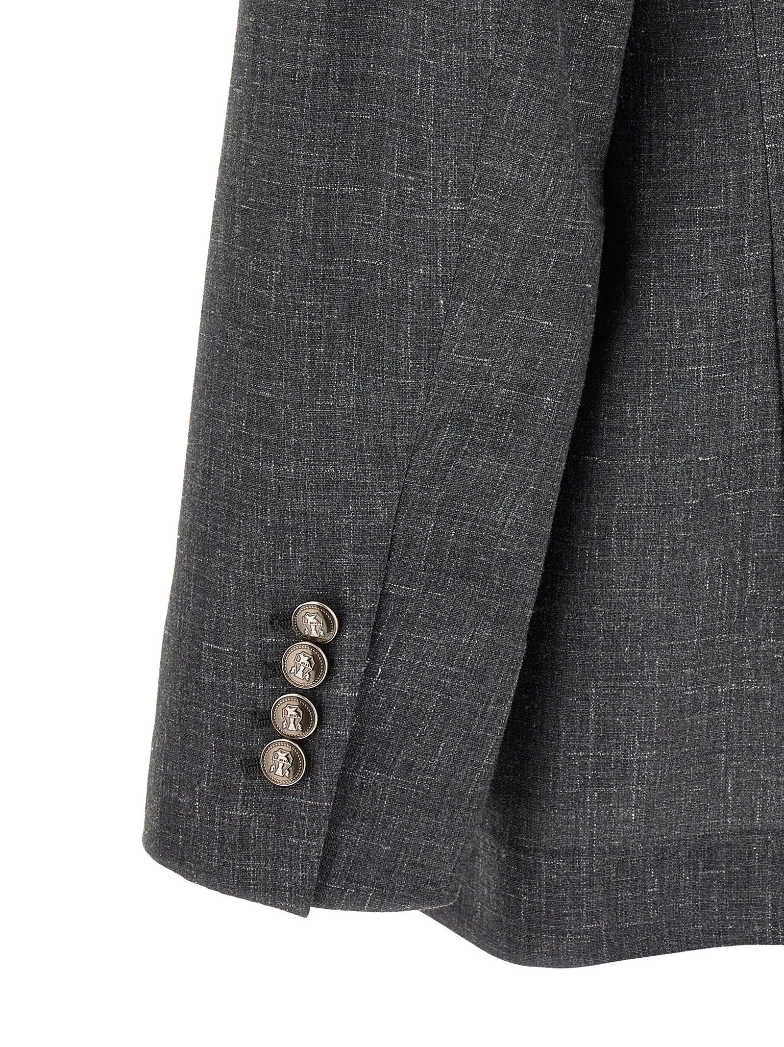 This Blazer by Brunello Cucinelli for men in linen silk wool & cupro gray & signature presents a tailored silhouette, meticulously tailored with a tailored and distinctive for a tailored finish.