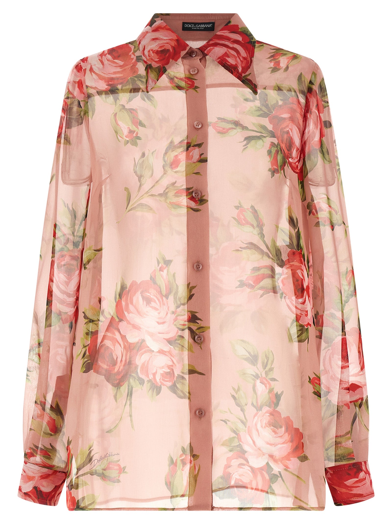 Blouse by Dolce & Gabbana for women in silk chiffon multicolor, pink, rose, transparent & print features an architectural silhouette with a refined and elegant for a architectural look.