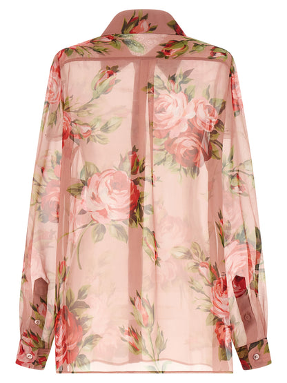 Blouse by Dolce & Gabbana for women in silk chiffon multicolor, pink, rose, transparent & print showcases a sharp silhouette, elegantly detailed with a sharp and sharp .