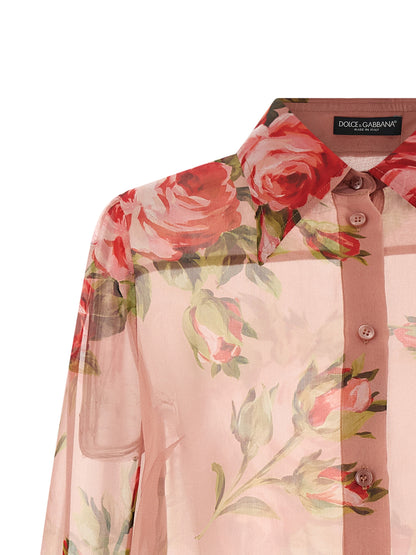 Blouse by Dolce & Gabbana for women in silk chiffon multicolor, pink, rose, transparent & print showcases a sleek silhouette, elegantly detailed with a sleek and for a sleek finish.