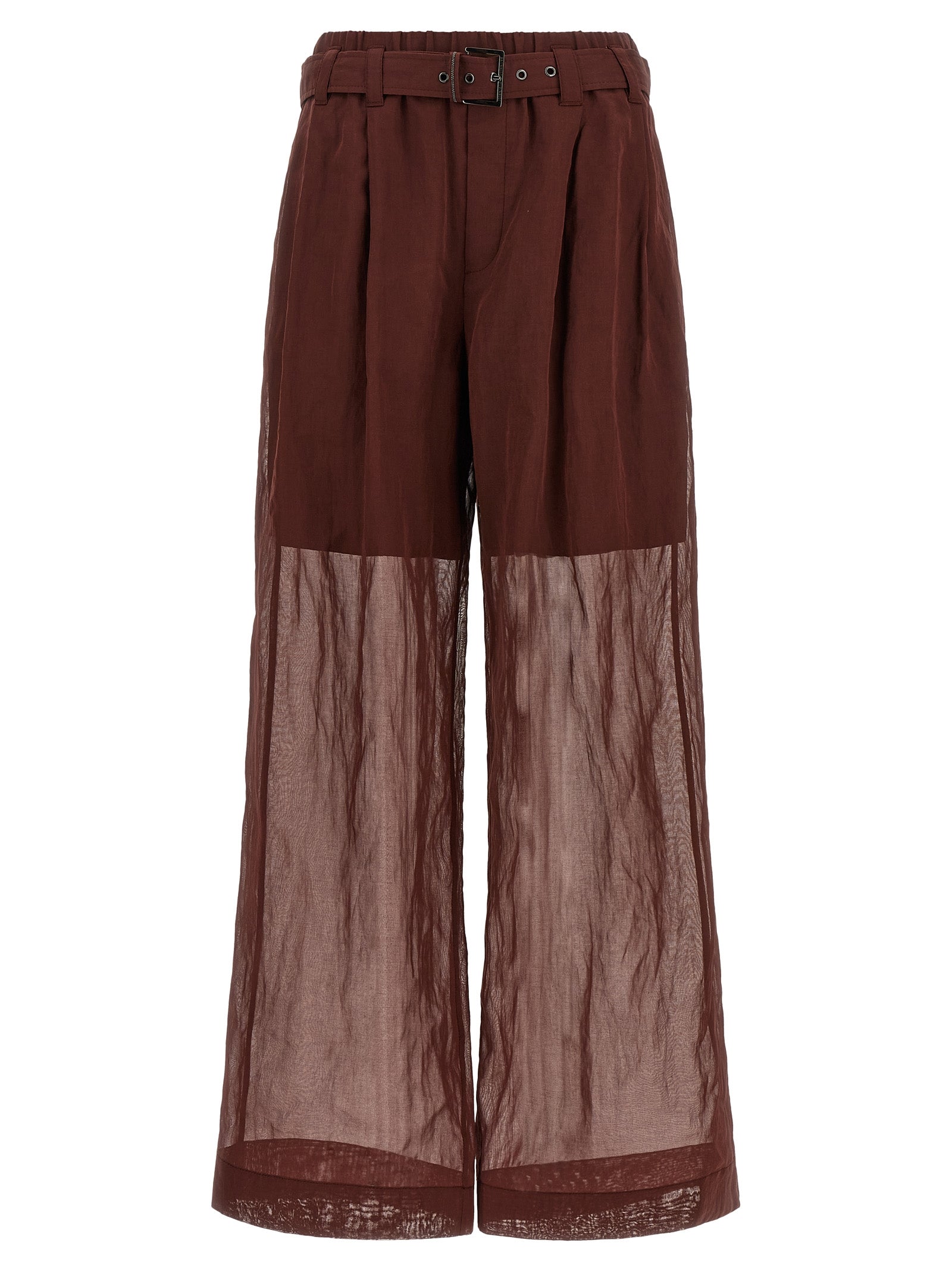 Trousers by Brunello Cucinelli for women in cotton & silk bordeaux & transparent presents a smart silhouette, meticulously detailed with a smart flared & wide, a smart long, and a smart high rise.