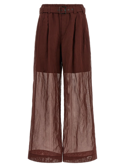 Trousers by Brunello Cucinelli for women in cotton & silk bordeaux & transparent presents a smart silhouette, meticulously detailed with a smart flared & wide, a smart long, and a smart high rise.