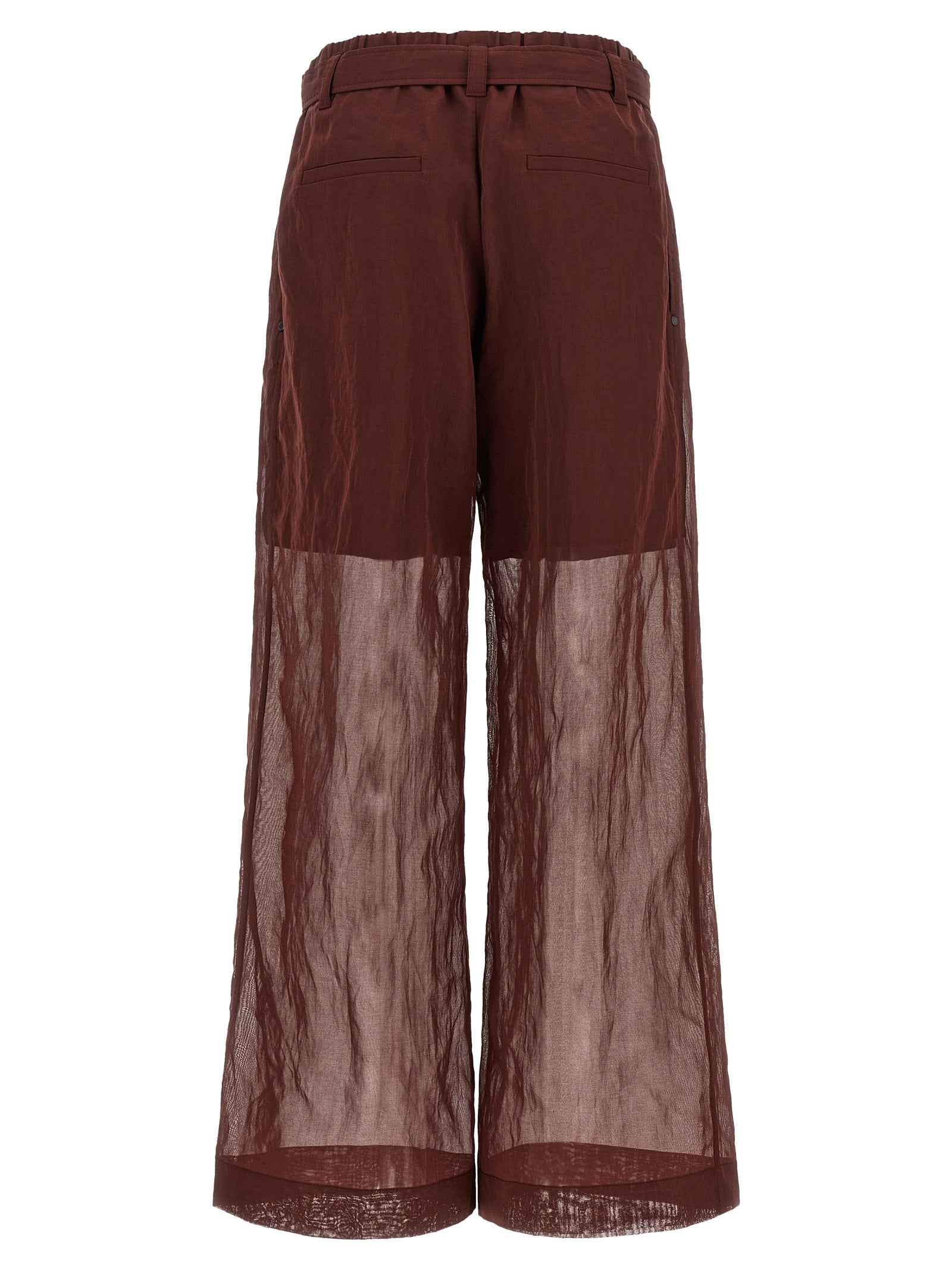 Trousers by Brunello Cucinelli for women in cotton & silk bordeaux & transparent features a artisanal silhouette, showcasing a sophisticated flared & wide with a long and high rise for a artisanal finish.