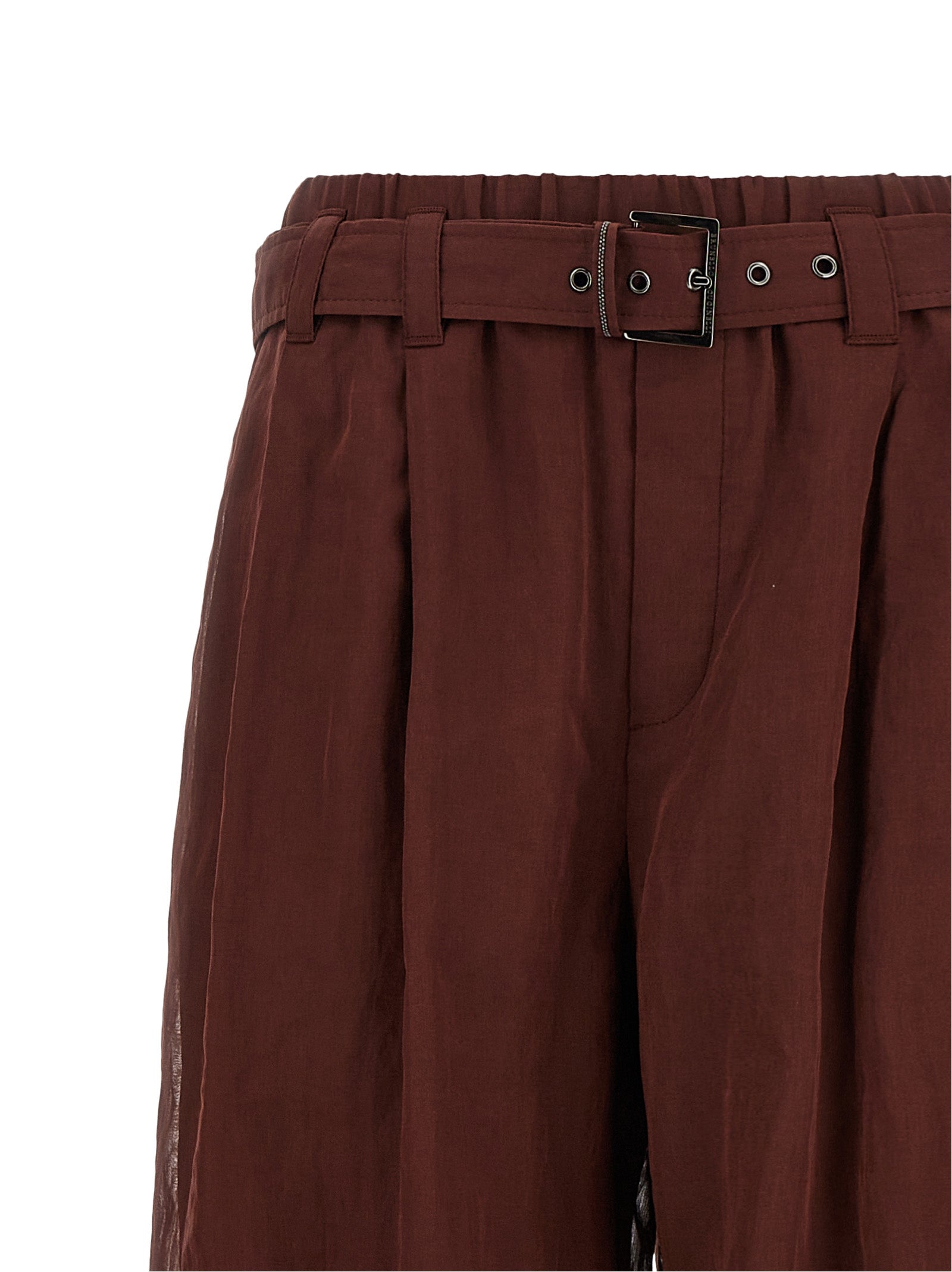 Trousers by Brunello Cucinelli for women in cotton & silk bordeaux & transparent features a sculptural silhouette, showcasing a sculptural flared & wide and long with a sophisticated high rise for a sculptural finish.
