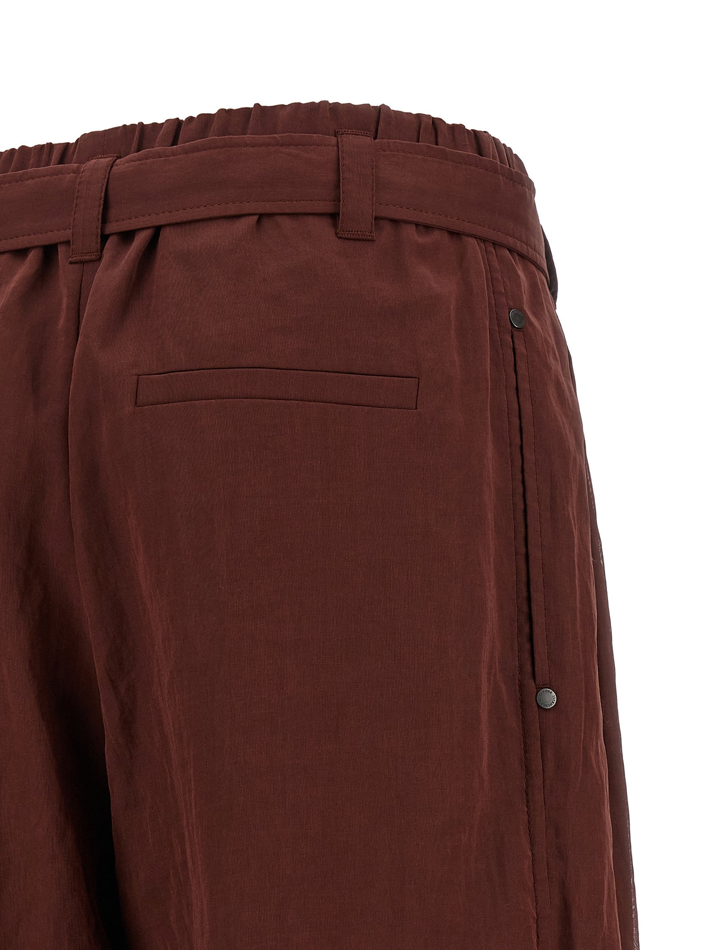 Trousers by Brunello Cucinelli for women in cotton & silk bordeaux & transparent features a tailored silhouette with a tailored flared & wide, defined by its long and a sophisticated high rise.