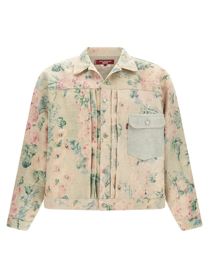 Junya Watanabe Men's Rayon Linen & Denim Trucker Jacket - Multicolor Patterned Floral Jacquard