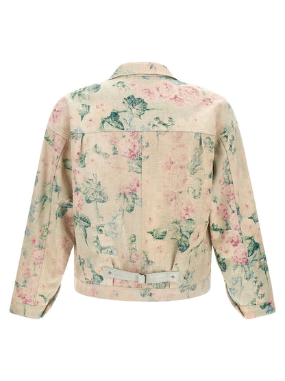 Junya Watanabe Men's Rayon Linen & Denim Trucker Jacket - Multicolor Patterned Floral Jacquard