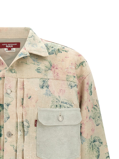 Junya Watanabe Men's Rayon Linen & Denim Trucker Jacket - Multicolor Patterned Floral Jacquard
