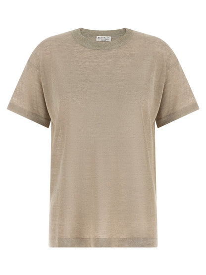 Cardigan by Brunello Cucinelli for women in linen polyamide & viscose beige, transparent & signature showcases a luxurious silhouette, meticulously detailed with a sophisticated and short-sleeve for a refined finish.