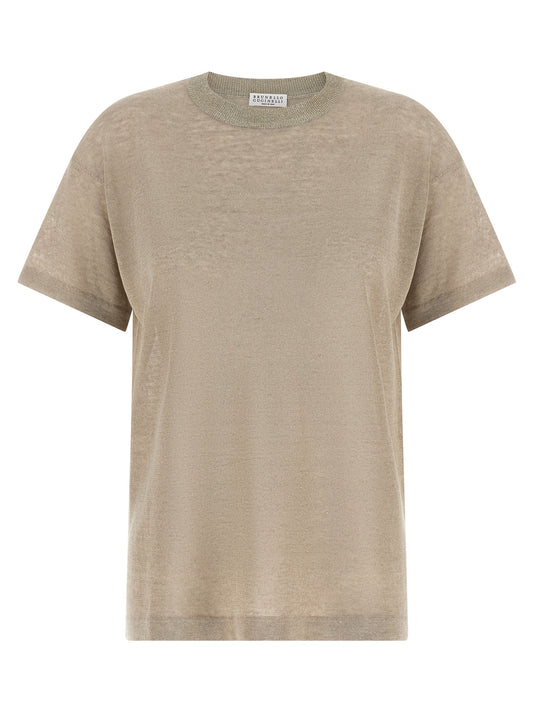 Cardigan by Brunello Cucinelli for women in linen polyamide & viscose beige, transparent & signature showcases a luxurious silhouette, meticulously detailed with a sophisticated and short-sleeve for a refined finish.