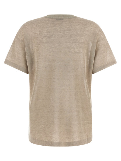 Cardigan by Brunello Cucinelli for women in linen polyamide & viscose beige, transparent & signature features an impeccable silhouette, showcasing a sophisticated and detail for a truly impeccable finish.