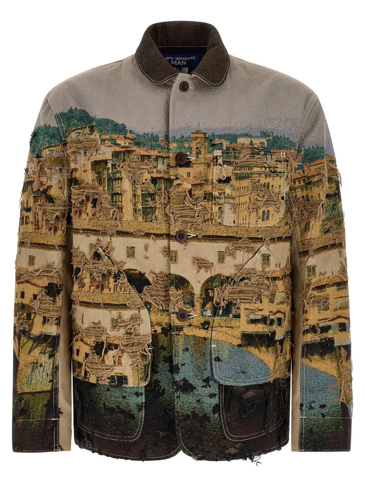 This Jacket by Junya Watanabe for men in nylon cotton polyester multicolor, patterned & jacquard showcases a magnificent silhouette, meticulously crafted with a distinctive shirt-collar neckline and functional pockets for a magnificent finish.